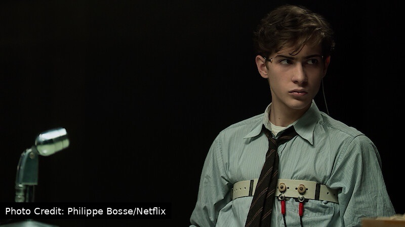Jacob Tremblay as young Ted Kaczynski during a Harvard psychological experiment in Netflix’s Unabomber.